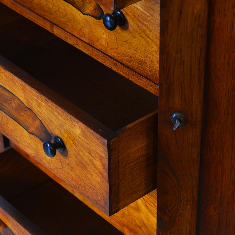 A 19th-century rosewood Wellington chest featuring six graduated drawers, turned wooden knobs, carved corbels, and a side-locking bar on a plinth base. View V