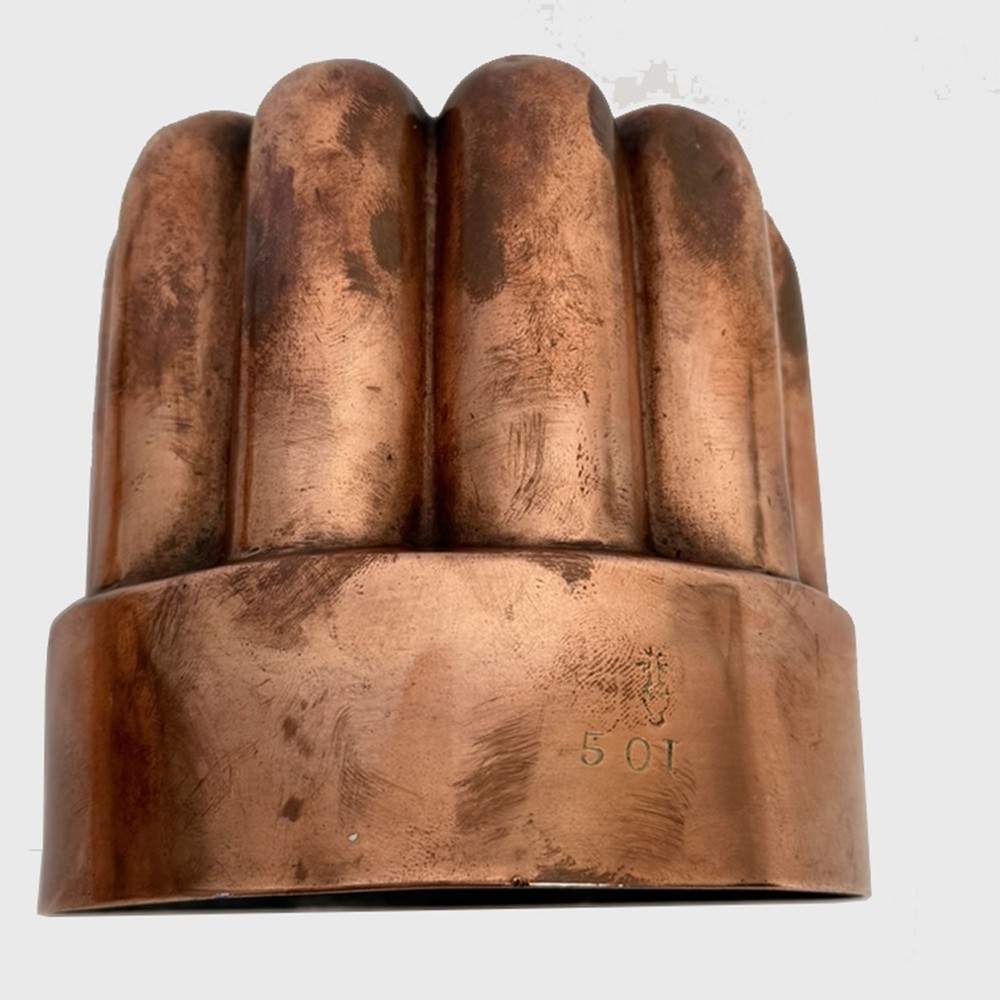 A nineteenth-century circular copper jelly mould featuring a fluted lobed upper design above a smooth cylindrical rim. View II