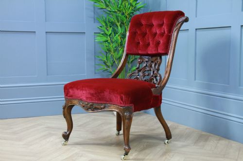 ANTIQUE VICTORIAN CARVED FRETWORK VELVET BUTTONED BACK WALNUT NURSING CHAIR 1860 - ADDITIONAL PHOTO 1