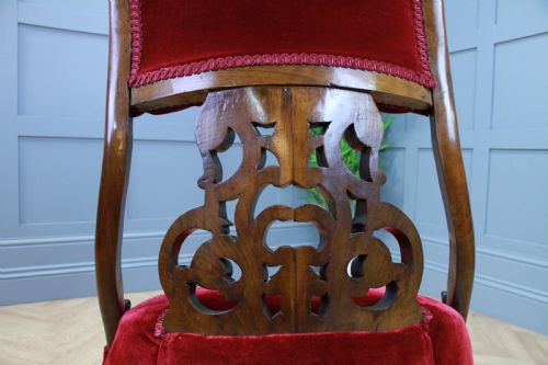 ANTIQUE VICTORIAN CARVED FRETWORK VELVET BUTTONED BACK WALNUT NURSING CHAIR 1860 - ADDITIONAL PHOTO 8