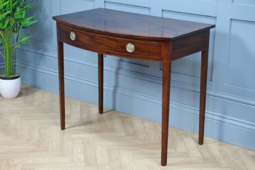 fig 1. Antique Original Georgian Flame Grain Mahogany Bow Front 1 Drawer Side Table
