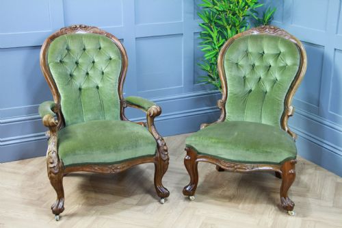Antique Victorian Carved Walnut Ladies and Gents Armchair Fireside Chairs 1870
