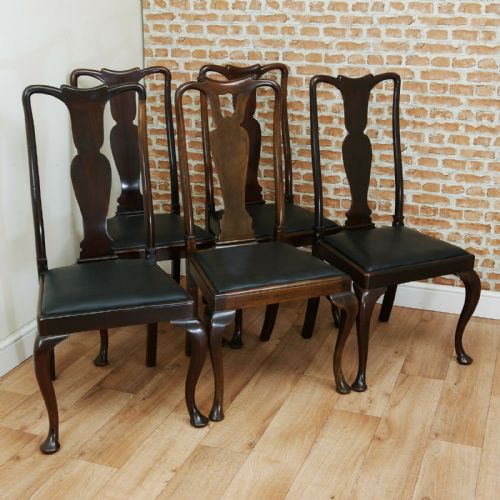 Set of 5 Antique Edwardian Queen Anne Solid Mahogany Dining Chairs C1920's