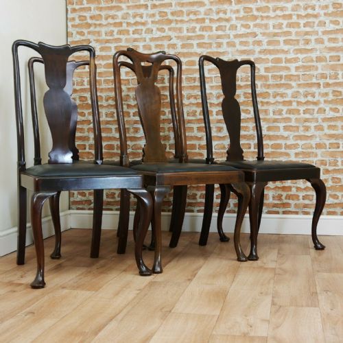 fig 1. Set of 5 Antique Edwardian Queen Anne Solid Mahogany Dining Chairs C1920's