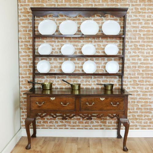 Antique Early Georgian Queen Anne Oak Country Dresser - Open Backed Plate Rack