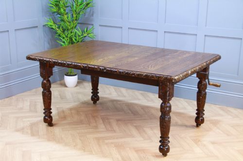 Antique Edwardian Carved Solid Oak 1 Leaf Wind Out Dining Table Restored C1880