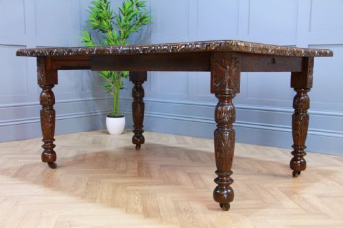 fig 2. Antique Edwardian Carved Solid Oak 1 Leaf Wind Out Dining Table Restored C1880