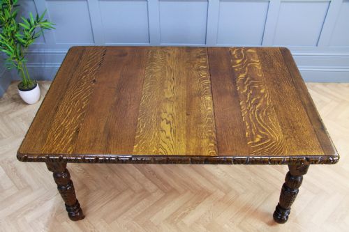 fig 3. Antique Edwardian Carved Solid Oak 1 Leaf Wind Out Dining Table Restored C1880