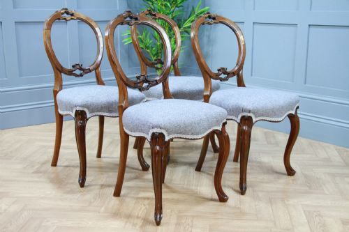 fig 2. Set of 4 Antique Victorian Walnut Balloon Back Dining Chairs Cabriole Legs Original