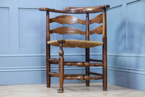 fig 1. Antique Georgian Country Handmade Solid Ash Hoof Foot Rush Seated Corner Chair