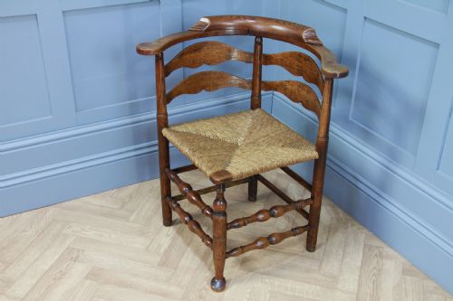 fig 2. Antique Georgian Country Handmade Solid Ash Hoof Foot Rush Seated Corner Chair