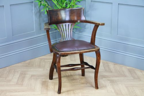 Antique Edwardian Medium Oak Office Carver Desk Chair Smokers Bow Leather 1920'S
