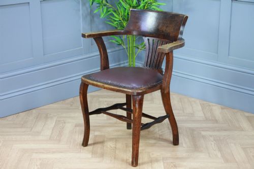 fig 1. Antique Edwardian Medium Oak Office Carver Desk Chair Smokers Bow Leather 1920's