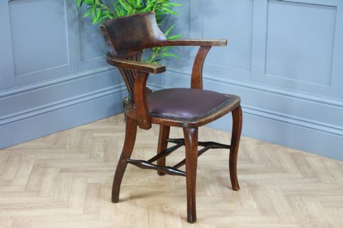 fig 2. Antique Edwardian Medium Oak Office Carver Desk Chair Smokers Bow Leather 1920's