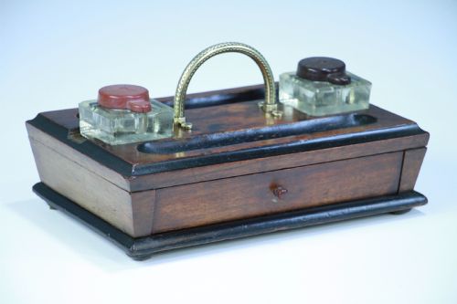 Antique Edwardian Writing Inkstand Two Inkwell Desk Tidy Companion with Drawer