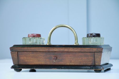 fig 1. Antique Edwardian Writing Inkstand Two Inkwell Desk Tidy Companion With Drawer