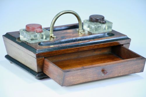 fig 2. Antique Edwardian Writing Inkstand Two Inkwell Desk Tidy Companion With Drawer