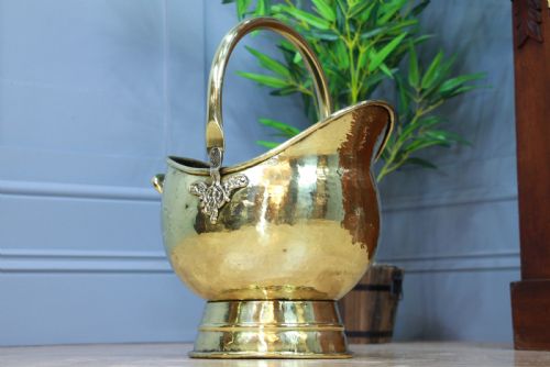 fig 1. Antique Edwardian Solid Brass Helmet Coal Bucket Fireside Scuttle Kindling Log