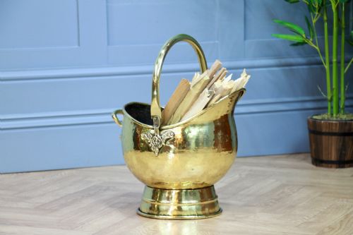 Antique Edwardian Solid Brass Helmet Coal Bucket Fireside Scuttle Kindling Log