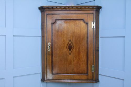 Antique Georgian Oak Inlaid Corner Wall Hanging Cupboard Cabinet Drinks C1825