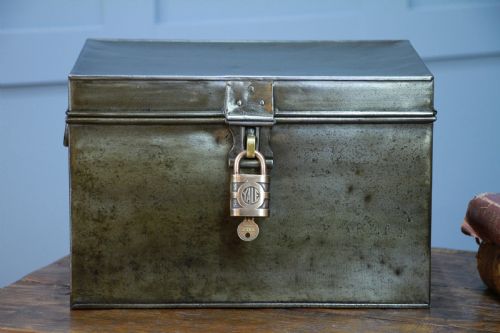 fig 1. Antique MILNERS Fire Resisting Small Deed Chest Restored Vintage Book Safe Box