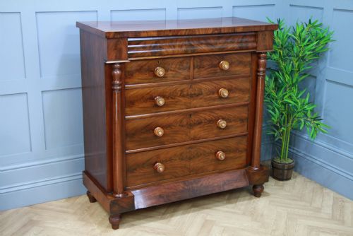 Original Antique Victorian Flame Grain Tall Mahogany Scottish Chest of 6 Drawers
