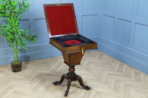 fig 1. Antique Victorian Mahogany & Burr Yew Wood Inlaid Sewing Table Side Lamp C1860