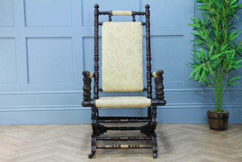 fig 1. Antique Edwardian Upholstered American Turned Rocking Chair Vintage C1900
