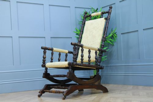 fig 2. Antique Edwardian Upholstered American Turned Rocking Chair Vintage C1900