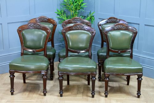 Set of 6 Antique Original Victorian Mahogany Leather Upholstered Dining Chairs
