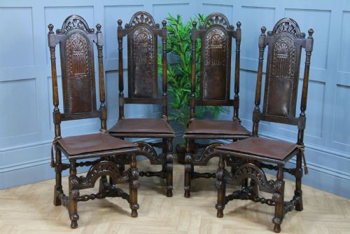 4 Antique Spanish Revival Oak Embossed Leather Cane Seat Tall Back Dining Chairs