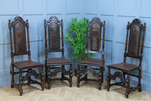 fig 1. 4 Antique Spanish Revival Oak Embossed Leather Cane Seat Tall Back Dining Chairs