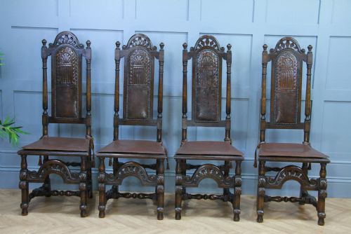 fig 2. 4 Antique Spanish Revival Oak Embossed Leather Cane Seat Tall Back Dining Chairs
