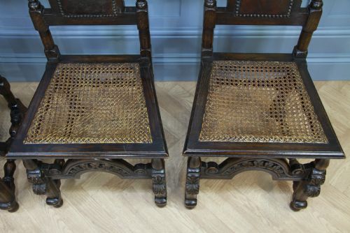 fig 4. 4 Antique Spanish Revival Oak Embossed Leather Cane Seat Tall Back Dining Chairs