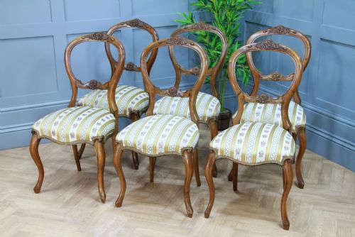 Set of 6 Antique Victorian Walnut Balloon Back Dining Chairs Cabriole Original