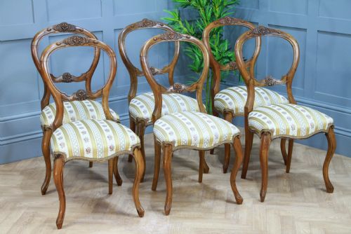 fig 1. Set of 6 Antique Victorian Walnut Balloon Back Dining Chairs Cabriole Original