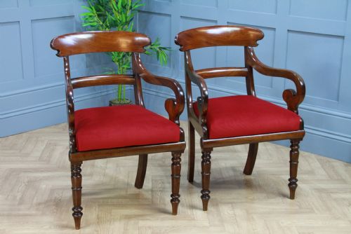 Pair of Antique Georgian Regency Solid Mahogany Scroll Arm Carver Chairs 1820