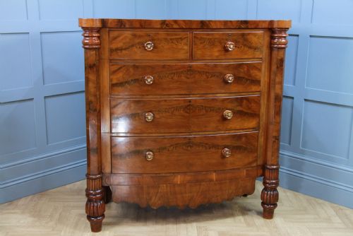 Original Antique Victorian Grand Tall Flame Grain Mahogany Scottish Chest of 5 Drawers
