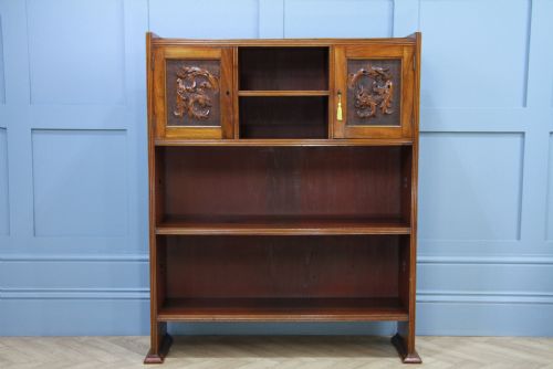 fig 1. Original Antique Edwardian Arts & Crafts Solid Mahogany Carved Bookcase Cupboard C1900