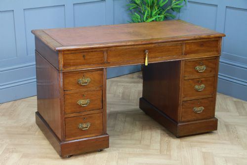 Antique Late Victorian Edwardian Mahogany 9 Drawer Twin Pedestal Writing Desk with Keys C1890
