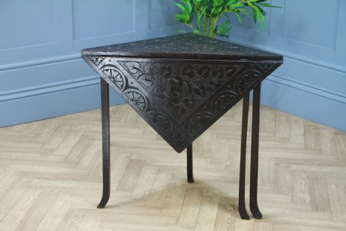 Antique Edwardian Carved Oak Metamorphic Corner Drop Leaf Occasional Lamp Table 1920'S
