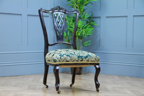 Antique Edwardian Dark Mahogany Carved Upholstered Nursing Chair C1890
