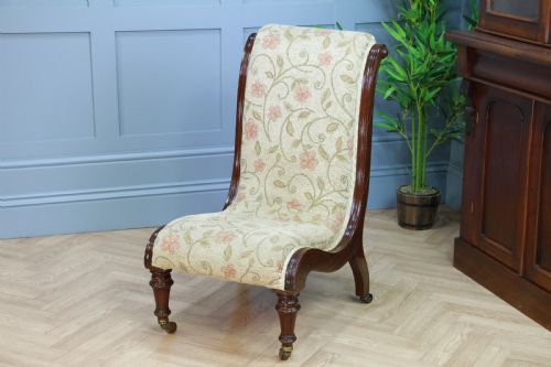 Antique Late Victorian Mahogany Carved Scroll Back Slipper Nursing Chair 1880
