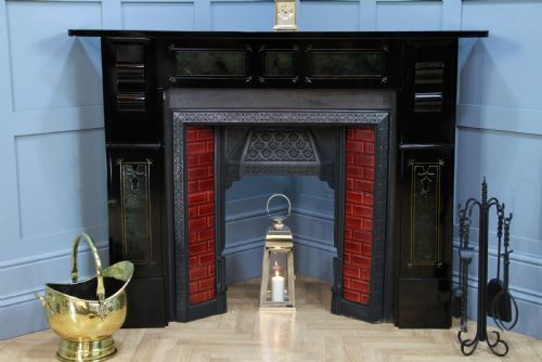 fig 1. Antique Victorian Aesthetic Movement Cast Iron Fireplace With Ebonised, Marbled & Gilded Slate Surround