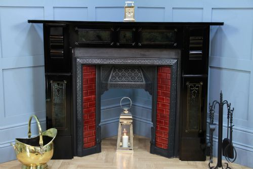 fig 2. Antique Victorian Aesthetic Movement Cast Iron Fireplace With Ebonised, Marbled & Gilded Slate Surround
