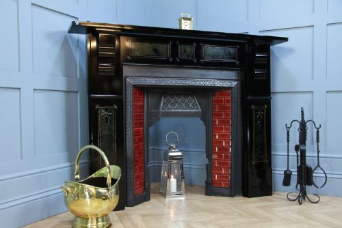 Antique Victorian Aesthetic Movement Cast Iron Fireplace with Ebonised, Marbled & Gilded Slate Surround