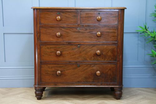 fig 1. Antique Original Early Victorian Rounded Corner Mahogany Chest of 5 Drawers 1860