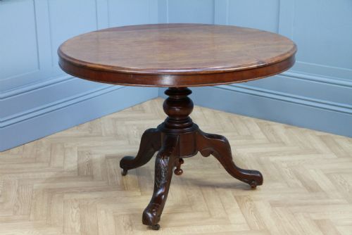 fig 1. Antique Victorian Solid Mahogany Round Tilt Top Carved Breakfast Dining Table