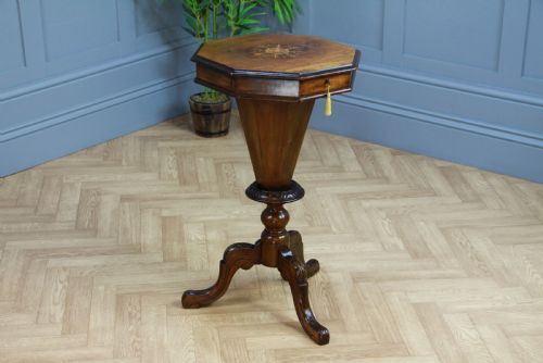 Antique Victorian Walnut Inlaid Octagonal Sewing Trumpet Table Side Lamp C1880