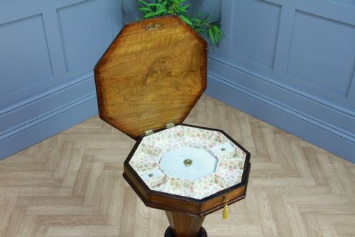 fig 2. Antique Victorian Walnut Inlaid Octagonal Sewing Trumpet Table Side Lamp C1880